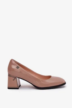 Skórzane Lakierowane Czółenka Na Słupku Vinceza 91130 Beżowe