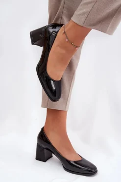 Skórzane Lakierowane Czółenka Na Słupku Vinceza 91130 Czarne