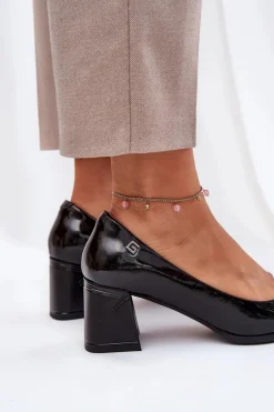 Skórzane Lakierowane Czółenka Na Słupku Vinceza 91130 Czarne