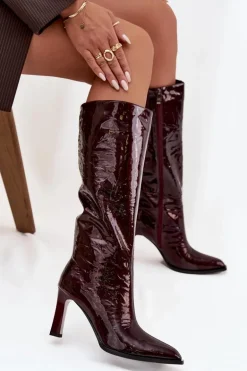 Skórzane Lakierowane Kozaki Damskie Ocieplane D&A CR52-716 Bordowe