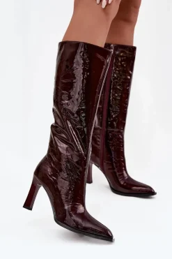 Skórzane Lakierowane Kozaki Damskie Ocieplane D&A CR52-716 Bordowe