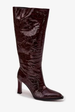 Skórzane Lakierowane Kozaki Damskie Ocieplane D&A CR52-716 Bordowe