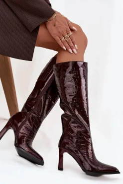 Skórzane Lakierowane Kozaki Damskie Ocieplane D&A CR52-716 Bordowe