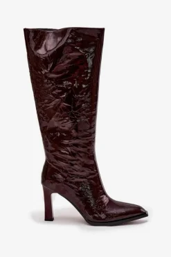 Skórzane Lakierowane Kozaki Damskie Ocieplane D&A CR52-716 Bordowe