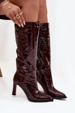 Skórzane Lakierowane Kozaki Damskie Ocieplane D&A CR52-716 Bordowe