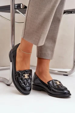 Skórzane Lakierowane Mokasyny Ze Złotą Ozdobą Laura Messi 2927 Czarne