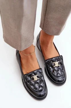 Skórzane Lakierowane Mokasyny Ze Złotą Ozdobą Laura Messi 2927 Czarne