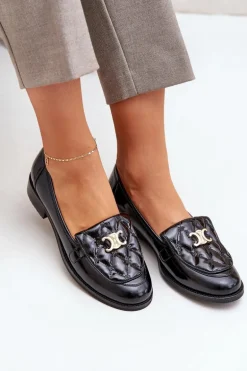 Skórzane Lakierowane Mokasyny Ze Złotą Ozdobą Laura Messi 2927 Czarne