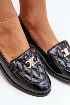 Skórzane Lakierowane Mokasyny Ze Złotą Ozdobą Laura Messi 2927 Czarne