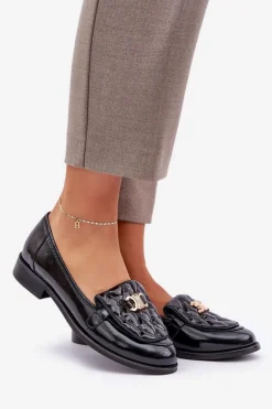 Skórzane Lakierowane Mokasyny Ze Złotą Ozdobą Laura Messi 2927 Czarne