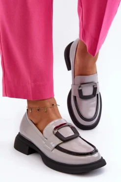 Skórzane Lakierowane Mokasyny Damskie Szare Fidodia