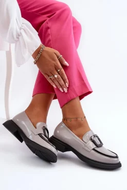 Skórzane Lakierowane Mokasyny Damskie Szare Fidodia