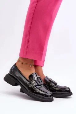 Skórzane Lakierowane Mokasyny Damskie Czarne Fidodia