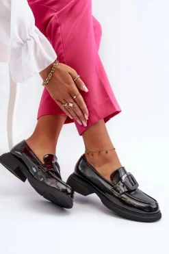 Skórzane Lakierowane Mokasyny Damskie Czarne Fidodia