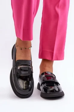 Skórzane Lakierowane Mokasyny Damskie Czarne Fidodia