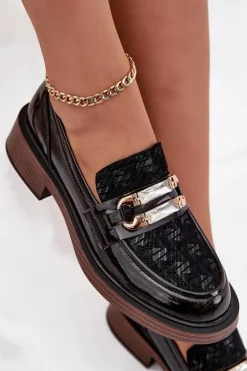 Skórzane Lakierowane Mokasyny Damskie Z Ozdobnym Detalem D&A MR52-173 Czarne