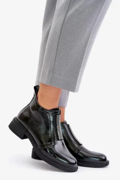 Skórzane Lakierowane Niskie Botki Ze Zdobieniem Na Zamek D&A MR880-142 Czarne