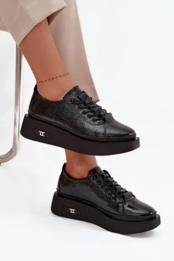 Skórzane Lakierowane Półbuty Damskie Na Platformie Artiker 57C2041 Czarne