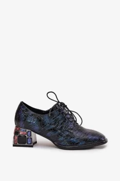 Skórzane Lakierowane Półbuty Damskie Na Obcasie Z Kryształkami Artiker 55C0428 Granatowe