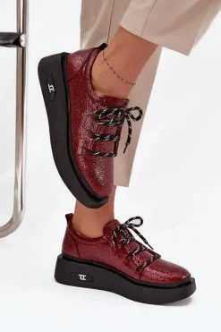 Skórzane Lakierowane Półbuty Damskie Na Platformie Artiker 57C2046 Bordowe