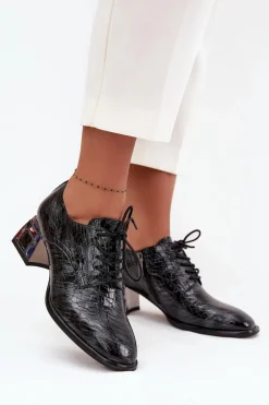 Skórzane Lakierowane Półbuty Damskie Na Obcasie Z Kryształkami Artiker 57C0072 Szare