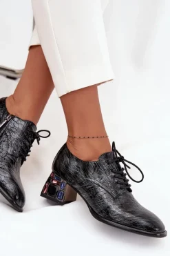 Skórzane Lakierowane Półbuty Damskie Na Obcasie Z Kryształkami Artiker 57C0072 Szare