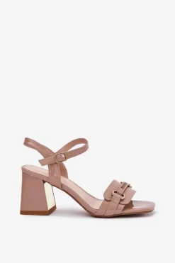 Skórzane Lakierowane Sandały Damskie Na Słupku Beżowe Mevonelle