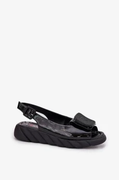 Skórzane Lakierowane Sandały Damskie Na Koturnie z Ozdobą Artiker 56C1564 Czarne