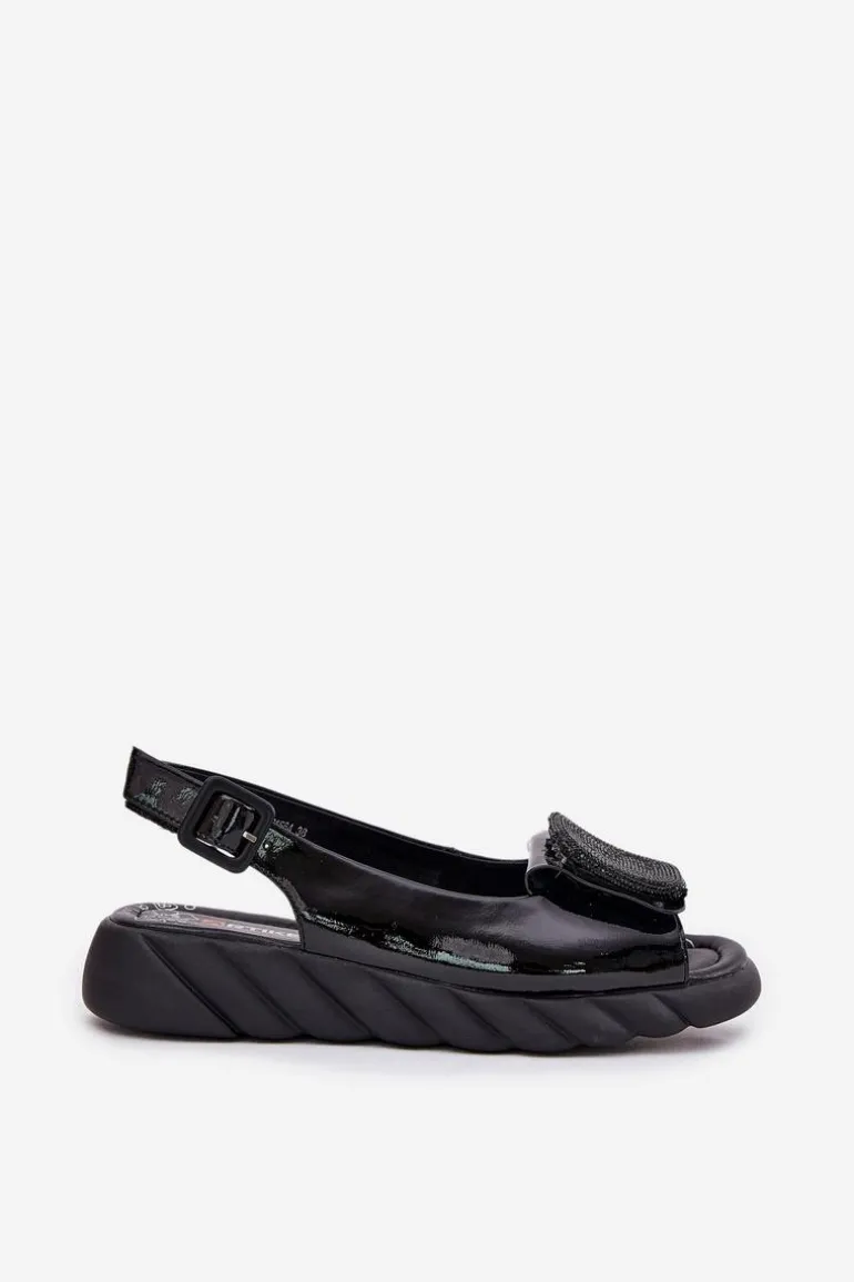 Skórzane Lakierowane Sandały Damskie Na Koturnie z Ozdobą Artiker 56C1564 Czarne