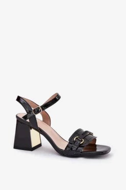 Skórzane Lakierowane Sandały Damskie Na Słupku Czarne Mevonelle