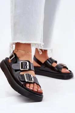 Skórzane Lakierowane Sandały Damskie Z Klamrami Big Star RR274662 Czarne