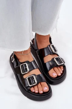 Skórzane Lakierowane Sandały Damskie Z Klamrami Big Star RR274662 Czarne