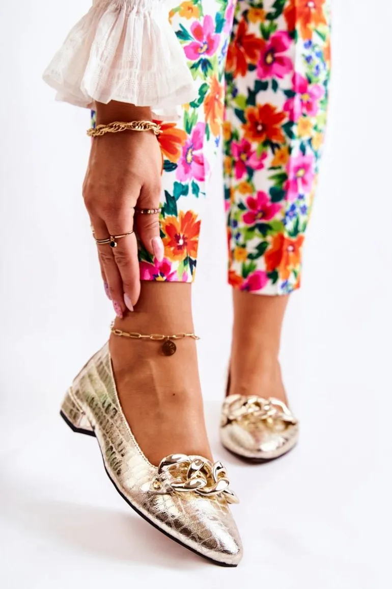 Skórzane Lakierowane Wężowe Czółenka Złote Elissabeth