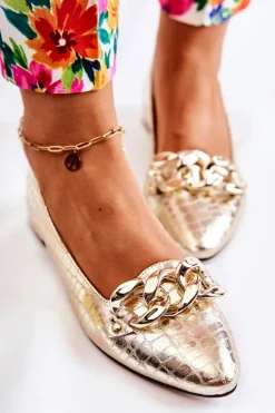 Skórzane Lakierowane Wężowe Czółenka Złote Elissabeth