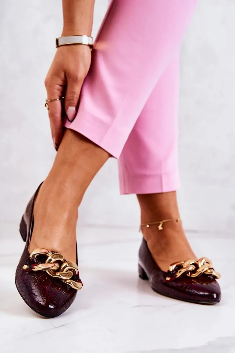 Skórzane Lakierowane Wężowe Czółenka Bordowe Elissabeth