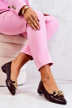 Skórzane Lakierowane Wężowe Czółenka Bordowe Elissabeth