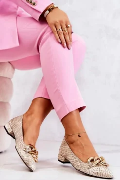 Skórzane Lakierowane Wężowe Czółenka Beżowe Elissabeth