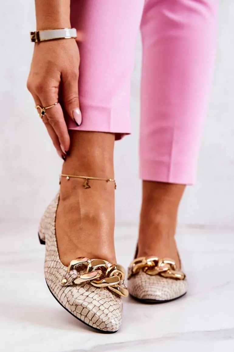 Skórzane Lakierowane Wężowe Czółenka Beżowe Elissabeth