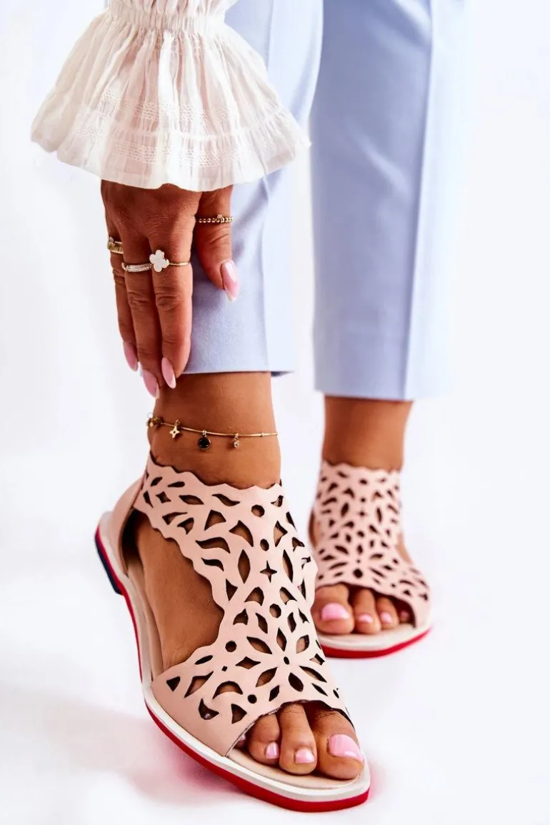 Skórzane Lekkie Ażurowe Sandały Różowe Alima