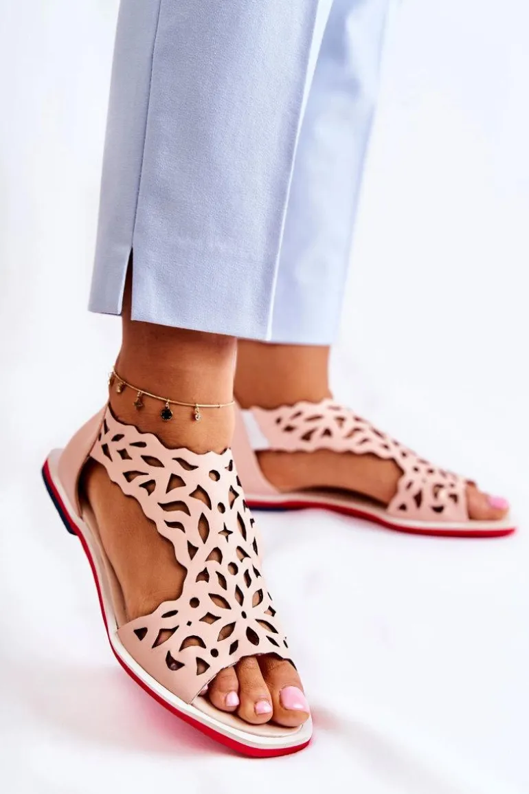 Skórzane Lekkie Ażurowe Sandały Różowe Alima
