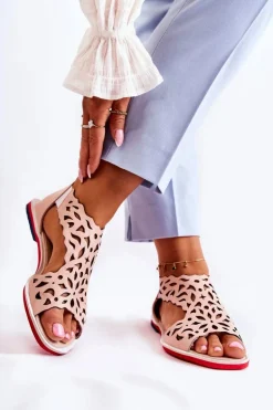 Skórzane Lekkie Ażurowe Sandały Różowe Alima