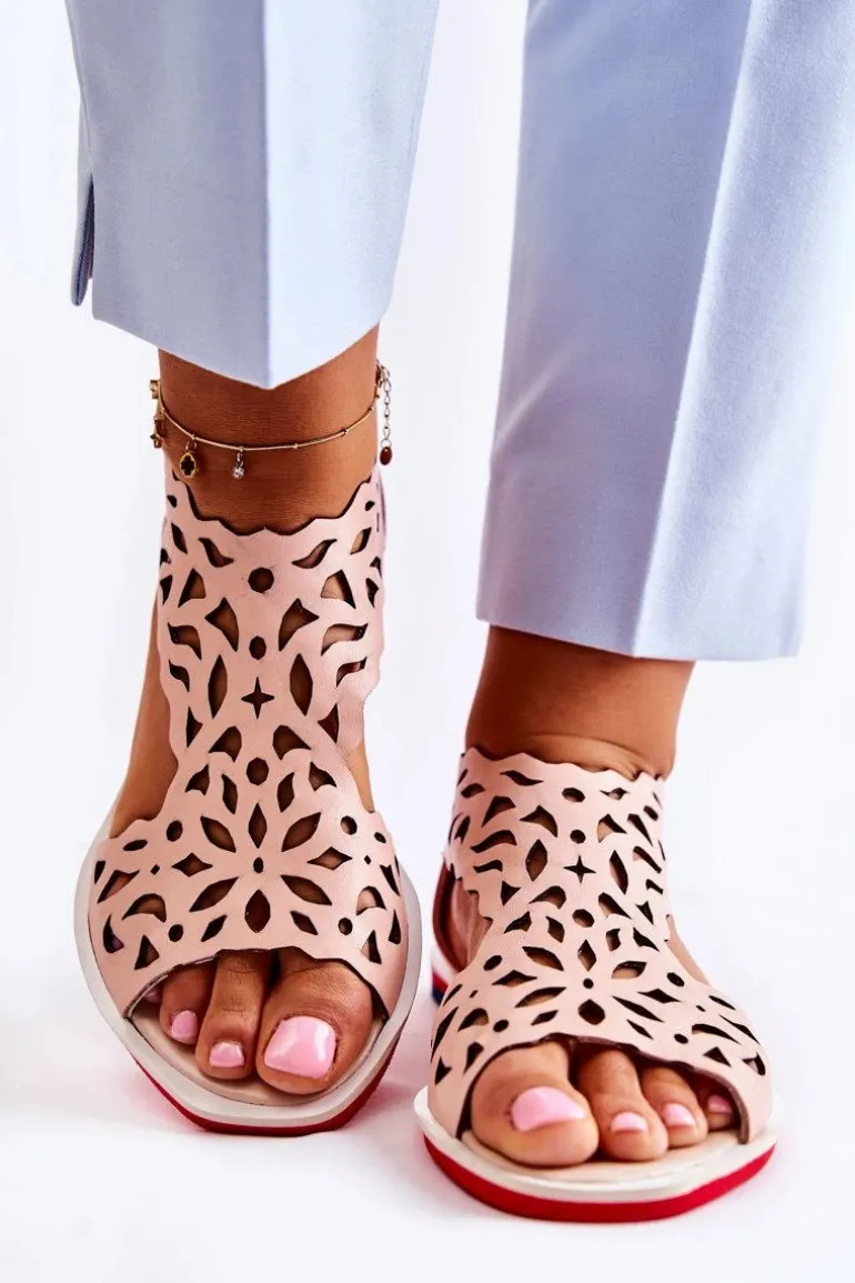 Skórzane Lekkie Ażurowe Sandały Różowe Alima