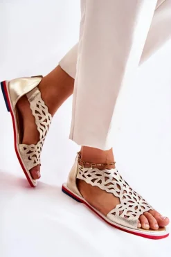 Skórzane Lekkie Ażurowe Sandały Złote Alima