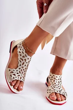 Skórzane Lekkie Ażurowe Sandały Złote Alima