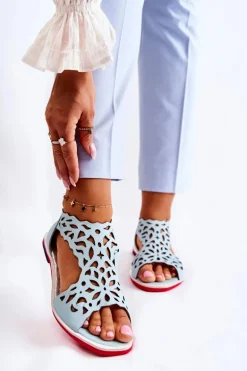 Skórzane Lekkie Ażurowe Sandały Jasnoniebieskie Alima