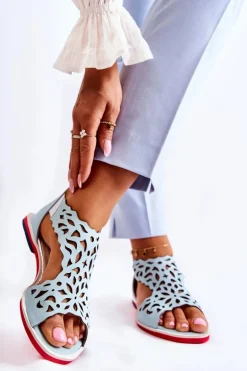 Skórzane Lekkie Ażurowe Sandały Jasnoniebieskie Alima