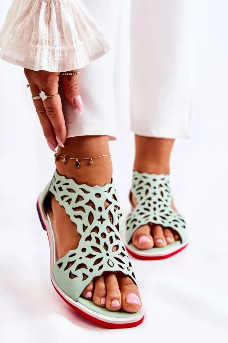 Skórzane Lekkie Ażurowe Sandały Zielone Alima