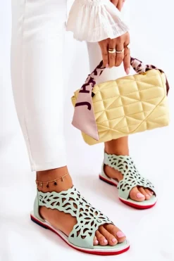 Skórzane Lekkie Ażurowe Sandały Zielone Alima