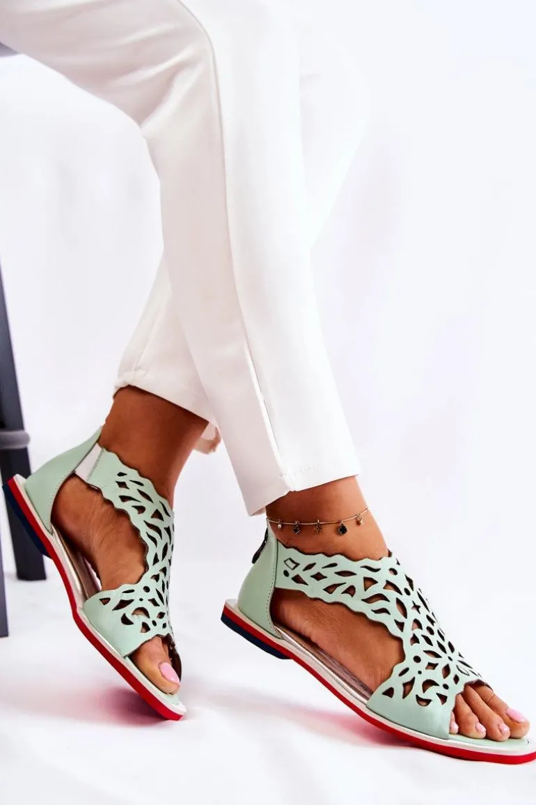 Skórzane Lekkie Ażurowe Sandały Zielone Alima