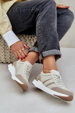 Skórzane Lekkie Sneakersy Buty Sportowe Damskie Beżowe Norlexia